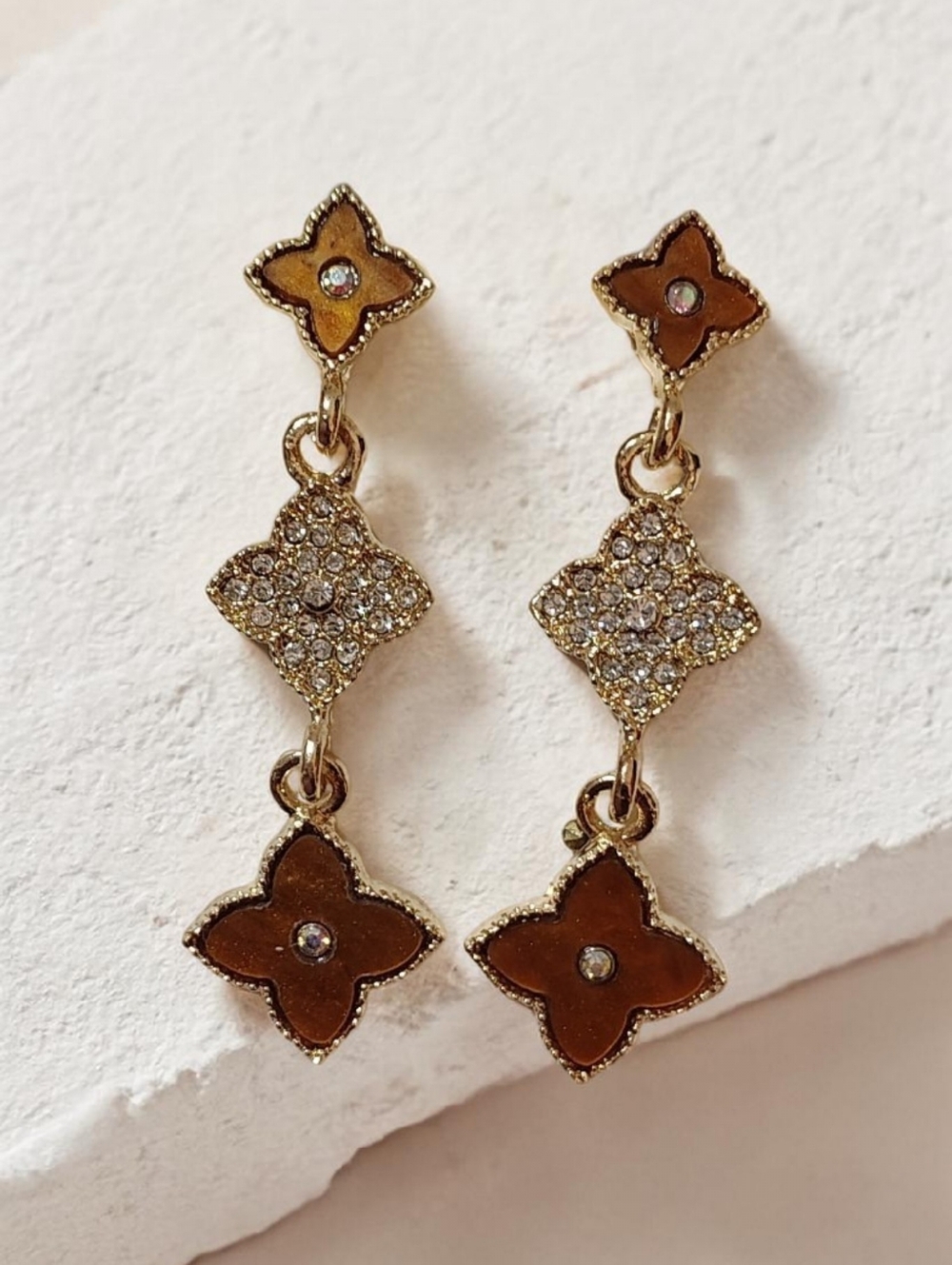 New Gold-Tone Brown Floral Drop Earrings with Crystal Accents
